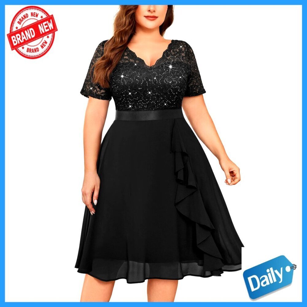 Sequins Lace Chiffon V Neck Flowy Cocktail Prom Midi Dress Elegant Party Wear